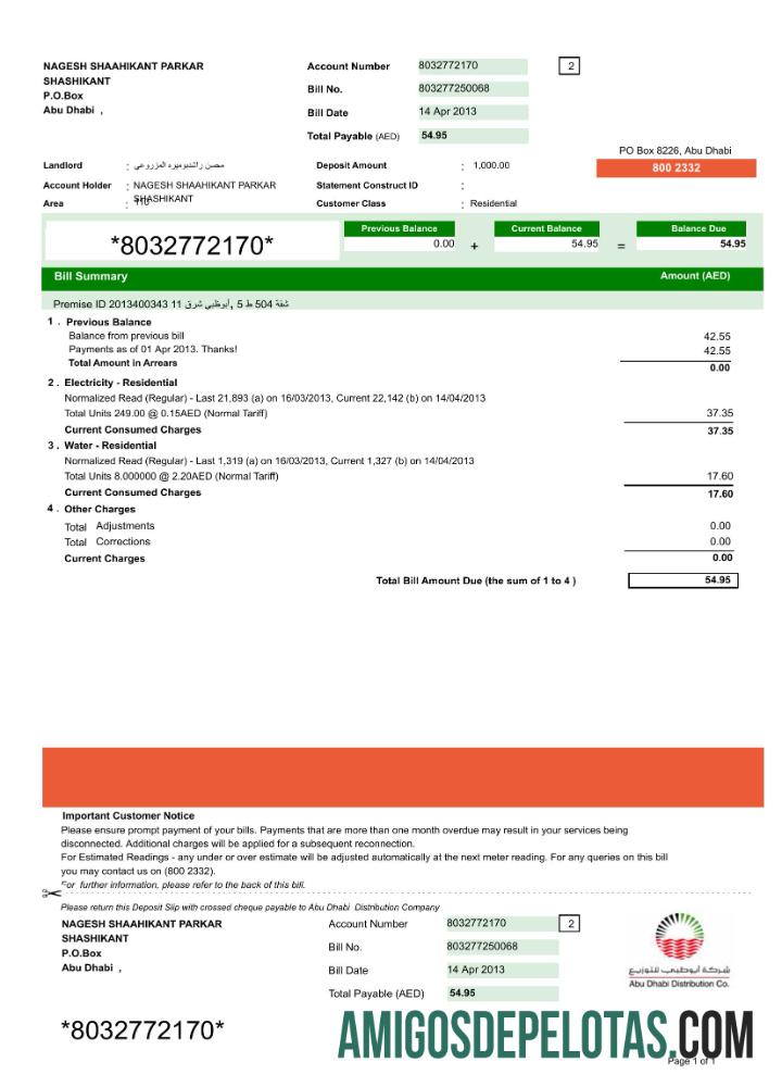 em branco Emirados Árabes Unidos ABU DHABI DISTRIBUTION 7 CO. Modelo Word e PDF de conta de serviços públicos, versão 2